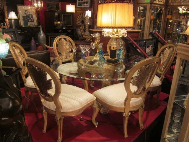 ORNATE DINING TABLE AND 6 CHAIRS, ANTIQUE WHITE AND: ORNATE DINING TABLE AND 6 CHAIRS, ANTIQUE WHITE AND SILVER GILT FINISH, GLASS TOP APPROX 60" ROUND, WHITE TONE ON TONE STRIPED UPHOLSTERY