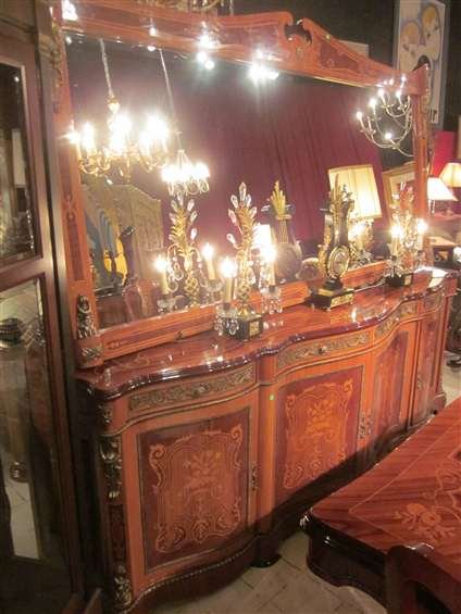 INTRICATELY INLAID ITALIANATE SIDEBOARD AND MIRROR: INTRICATELY INLAID ITALIANATE SIDEBOARD AND MIRROR WITH ORMOLU, PURCHASED IN ITALY BY CONSIGNOR, APPROX. 8' L X 8" H, MATCHING DINING TABLE AND CHAIRS SOLD SEPARATELY
