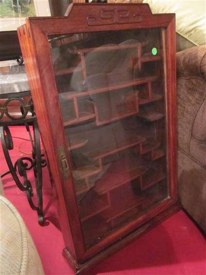 CHINESE CARVED WOOD WALL CURIO CABINET WITH GLASS : CHINESE CARVED WOOD WALL CURIO CABINET WITH GLASS DOOR, APPROX 3 FT H