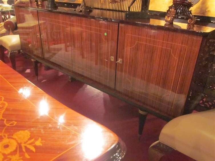 STUNNING VINTAGE 1940's FRENCH ART DECO MACASSAR E: STUNNING VINTAGE 1940's FRENCH ART DECO MACASSAR EBONY SIDEBOARD WITH SYCAMORE INLAY AND BUILT IN BAR CABINET, STEEL CAP LEGS, APPROX 8'L X 38"H X 20"D