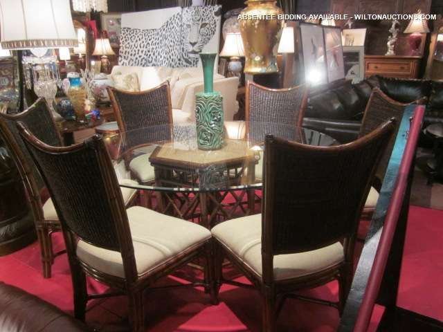 NEW NEVER USED TOMMY BAHAMA STYLE HEAVY RATTAN DIN: NEW NEVER USED TOMMY BAHAMA STYLE HEAVY RATTAN DINING TABLE WITH SIX CHAIRS, LIGHT CREAM UPHOLSTERY - APPROX 60" ROUND GLASS TOP