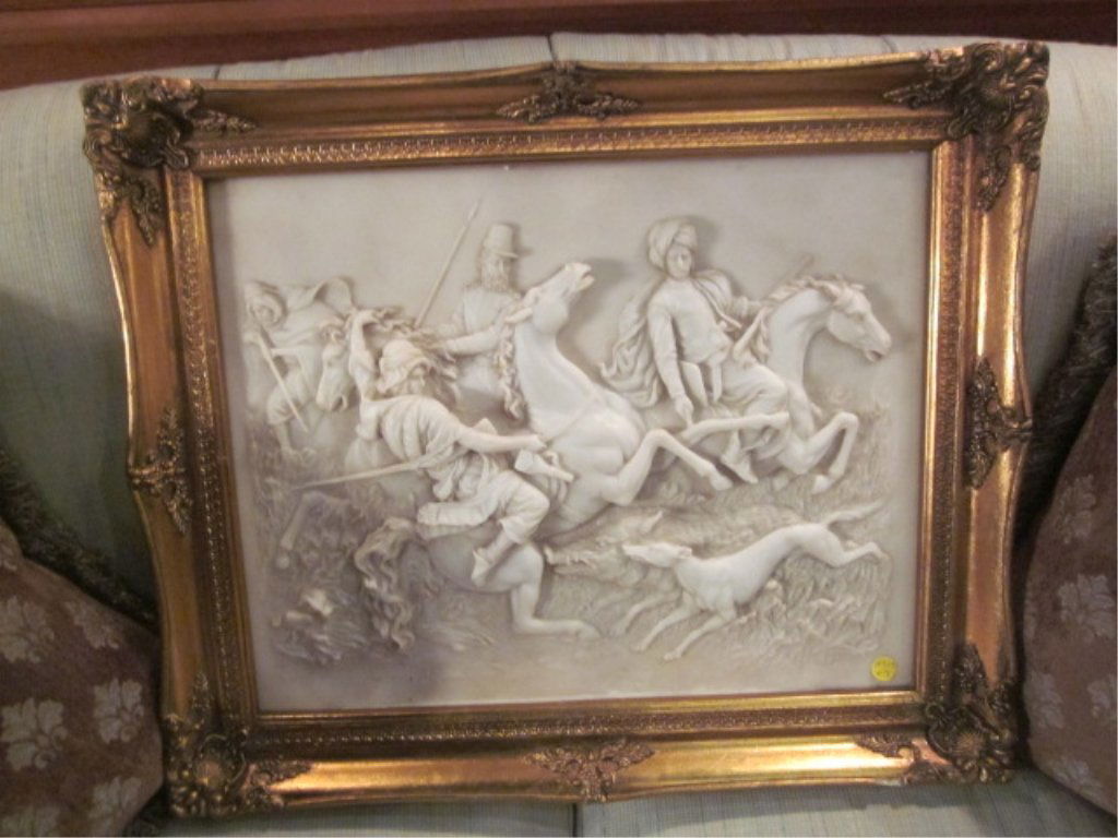 FRAMED BAS RELIEF OF A HUNTING SCENE, APPROX 20 1/: FRAMED BAS RELIEF OF A HUNTING SCENE, APPROX 20 1/2" X 24 1/2" FRAMED
