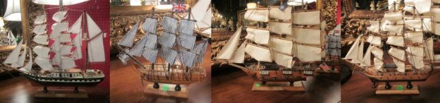 4 PC LOT WOOD TALL SHIP MODELS, INCLUDES "BELEM" 1: 4 PC LOT WOOD TALL SHIP MODELS, INCLUDES "BELEM" 17.25"H, "BOUNTY" 9"H, "CONSTITUTION" 14"H, AND UNNAMED 9"H
