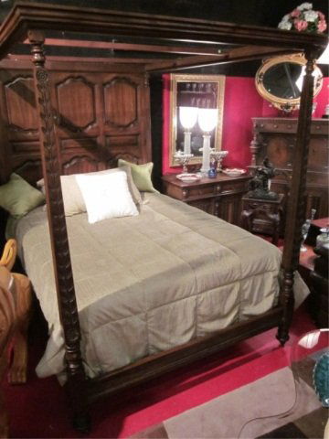 VINTAGE QUEEN CANOPY BED, DARK FINISH WITH TALL CA: VINTAGE QUEEN CANOPY BED, DARK FINISH WITH TALL CARVED HEADBOARD AND FRAME, EXCELLENT CONDITION, MATTRESS SOLD SEPARATELY