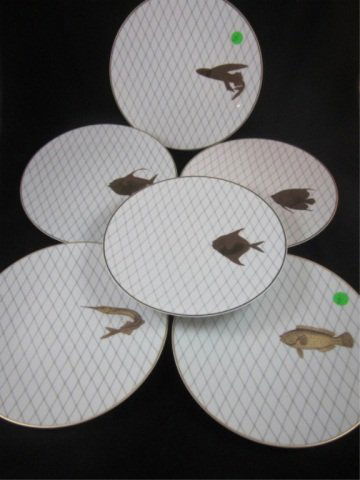 SIX BERNARDAUD FRANCE GOLDEN FISH PLATES ("LES POIS: SIX BERNARDAUD FRANCE GOLDEN FISH PLATES ("LES POISSONS D'OR") CREATED BY JACQUES BERNARDAUD 1955