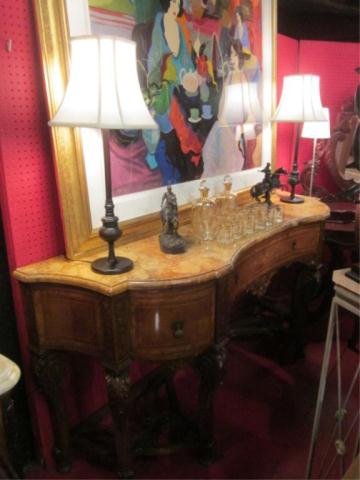 VINTAGE SIDEBOARD, INTRICATE INLAID DESIGNS WITH U: VINTAGE SIDEBOARD, INTRICATE INLAID DESIGNS WITH URNS, FLOWERS, AND LEAVES, 4 CENTRAL DRAWERS FLANKED BY 2 SIDE CABINETS, CENTRAL DRAWER FLANKED BY 2 SIDE CABINETS, APPROX 7' LONG, MATCHING BUFFET SOL