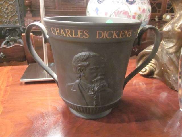 ROYAL DOULTON CHARLES DICKENS CENTENARY LOVING CUP: ROYAL DOULTON CHARLES DICKENS CENTENARY LOVING CUP, BLACK JASPERWARE, LIMITED EDITION, #90 OF ONLY 500 MADE. APPROX 8 1/4" HIGH