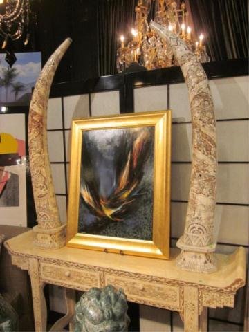 HUGE PAIR OF MARINE IVORY/CARVED BONE TUSKS, APPROX: HUGE PAIR OF MARINE IVORY/CARVED BONE TUSKS, APPROX 60" TALL, WITH INTRICATE CARVING