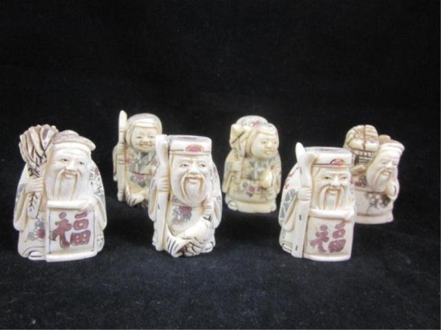 SET OF SIX MARINE IVORY/BONE NETSUKES, GROUP "B", A: SET OF SIX MARINE IVORY/BONE NETSUKES, GROUP "B", APPROX 5 1/2" - 6" HIGH