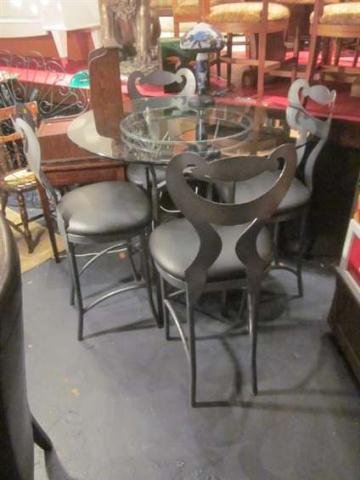 CONTEMPORARY BISTRO SET, BAR HEIGHT TABLE AND 4 CHA: CONTEMPORARY BISTRO SET, BAR HEIGHT TABLE AND 4 CHAIRS WITH METAL FRAMES