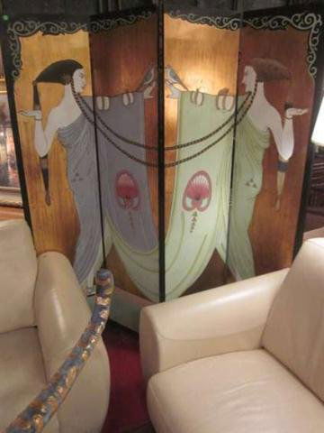 4 PANEL ART DECO FLOOR SCREEN, GOLD GILT OVER BLAC: 4 PANEL ART DECO FLOOR SCREEN, GOLD GILT OVER BLACK WITH TWO LIFESIZE GODDESS FIGURES IN LACQUER, APPROX 6' X 7'