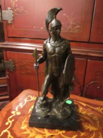 BRONZE SCULPTURE OF A SOLDIER WITH A SHIELD, APPRO: BRONZE SCULPTURE OF A SOLDIER WITH A SHIELD, APPROX 12 1/4" HIGH