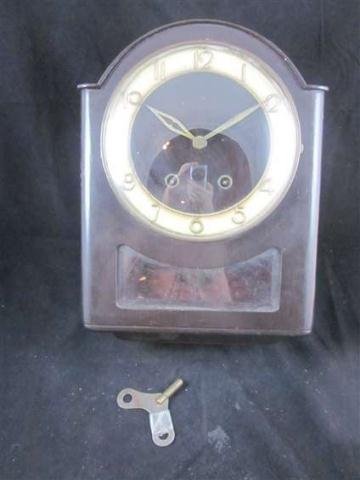 VINTAGE CHIMING CLOCK WITH KEY, MADE IN GERMANY, MA: VINTAGE CHIMING CLOCK WITH KEY, MADE IN GERMANY, MARKED P.L. 18 CM, APPROX 13" HIGH