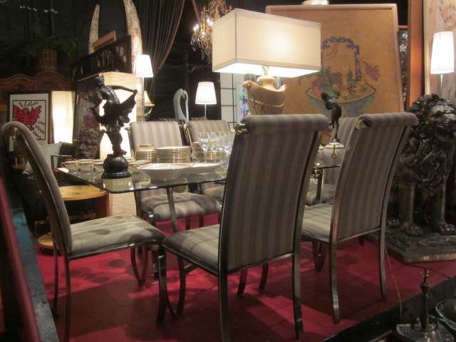 CONTEMPORARY BRUSHED STEEL DINING TABLE WITH 6 CHAI: CONTEMPORARY BRUSHED STEEL DINING TABLE WITH 6 CHAIRS, NEOCLASSIC STYLE WITH GRAY STRIPED UPHOLSTERY