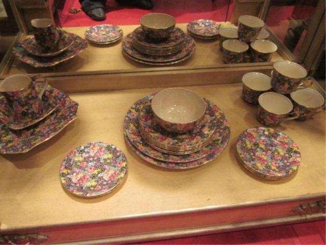 ROYAL WINTON CHINA TEA SERVICE - CHINTZ PATTERN, U: ROYAL WINTON CHINA TEA SERVICE - CHINTZ PATTERN, UNUSUAL - INCLUDES 6 7" DESSERT PLATES, 5 SAUCERS, 5 CUPS, ROUND BOWL (APPROX 4 3/4"), SQUARE PEDESTAL PLATE SERVER (APPROX 8 1/4" SQUARE), CREAMER WIT