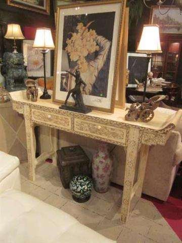 SPECTACULAR CHINESE MARINE IVORY ALTAR TABLE WITH : SPECTACULAR CHINESE MARINE IVORY ALTAR TABLE WITH INTRICATE CARVED DESIGNS, 2 DRAWERS, NEW NEVER USED, APPROX 6' LONG