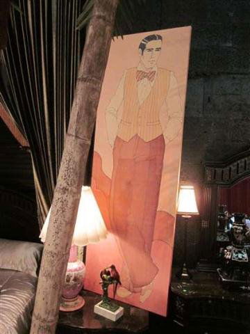 HUGE VINTAGE 1970'S BATIK PORTRAIT OF A MAN WEARIN: HUGE VINTAGE 1970'S BATIK PORTRAIT OF A MAN WEARING A VEST, APPROX 86" X 30"; REPAIRED "L" SHAPED TEAR & SOME WATER MARKS LOWER LEFT