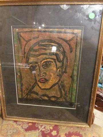 ALEXANDER GORE MIXED MEDIA ON CANVAS, UNTITLED POR: ALEXANDER GORE MIXED MEDIA ON CANVAS, UNTITLED PORTRAIT, "GORE" LOWER LEFT, FRAMED FLAT AS IF PAPER, UNDER GLASS, APPROX 21 1/2" X 17" FRAMED