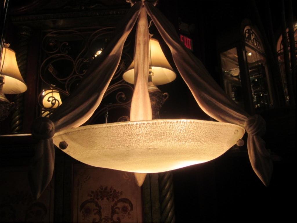 VINTAGE SERGIO TERZANI MURANO GLASS CHANDELIER, PEN: VINTAGE SERGIO TERZANI MURANO GLASS CHANDELIER, PENDANT STYLE WITH BLOWN GLASS DOME SHADE, CARVED WOOD DRAPERY LOOK ARMS, LABELED MADE IN MURANO SERGIO TERZANI