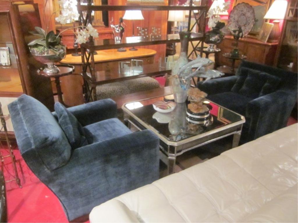 PAIR OF DESIGNER MICHAEL BERMAN CLUB CHAIRS IN PEA: PAIR OF DESIGNER MICHAEL BERMAN CLUB CHAIRS IN PEACOCK BLUE STRIATED VELVET UPHOLSTERY, WITH SQUARE ARMS AND TUFTED BOLSTER PILLOWS, EXCELLENT CONDITION