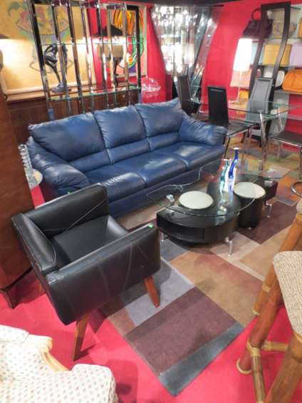 169 Contemporary Slate Blue Leather Sofa Chrome Feet