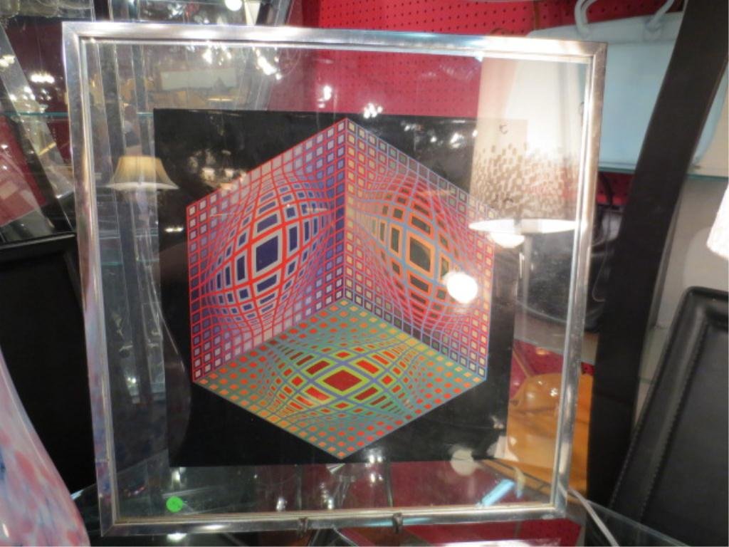 GEOMETRIC VICTOR VASARELY PRINT, IN SILVER FRAME, : GEOMETRIC VICTOR VASARELY PRINT, IN SILVER FRAME, 23" X 23"