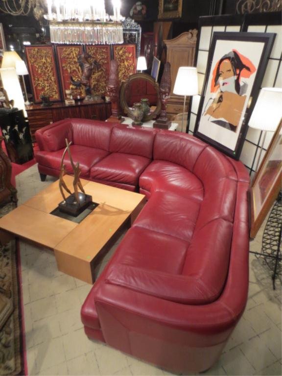 DEEP RED ITALIAN LEATHER SECTIONAL SOFA, 3 PCS INCL: DEEP RED ITALIAN LEATHER SECTIONAL SOFA, 3 PCS INCLUDES TWO MATCHING LOVESEATS, ONE CORNER SECTION, EXCELLENT CONDTION, 96" X 96"