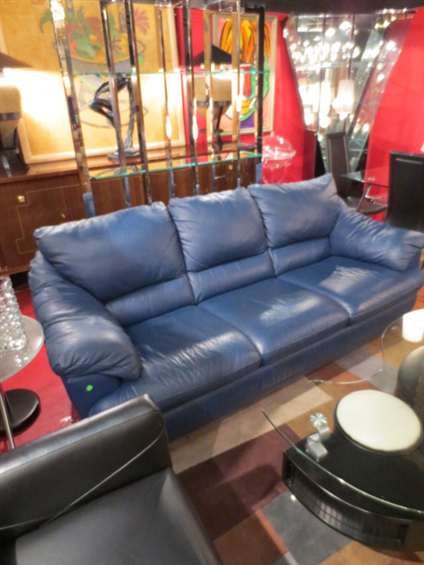 158 Contemporary Slate Blue Leather Sofa Chrome Feet