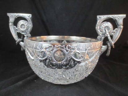 HUGE STERLING SILVER & CUT CRYSTAL BOWL, HALLMARKED: HUGE STERLING SILVER & CUT CRYSTAL BOWL, WITH HALLMARKS, APPROX 8.5" HIGH & 15.5" WIDE