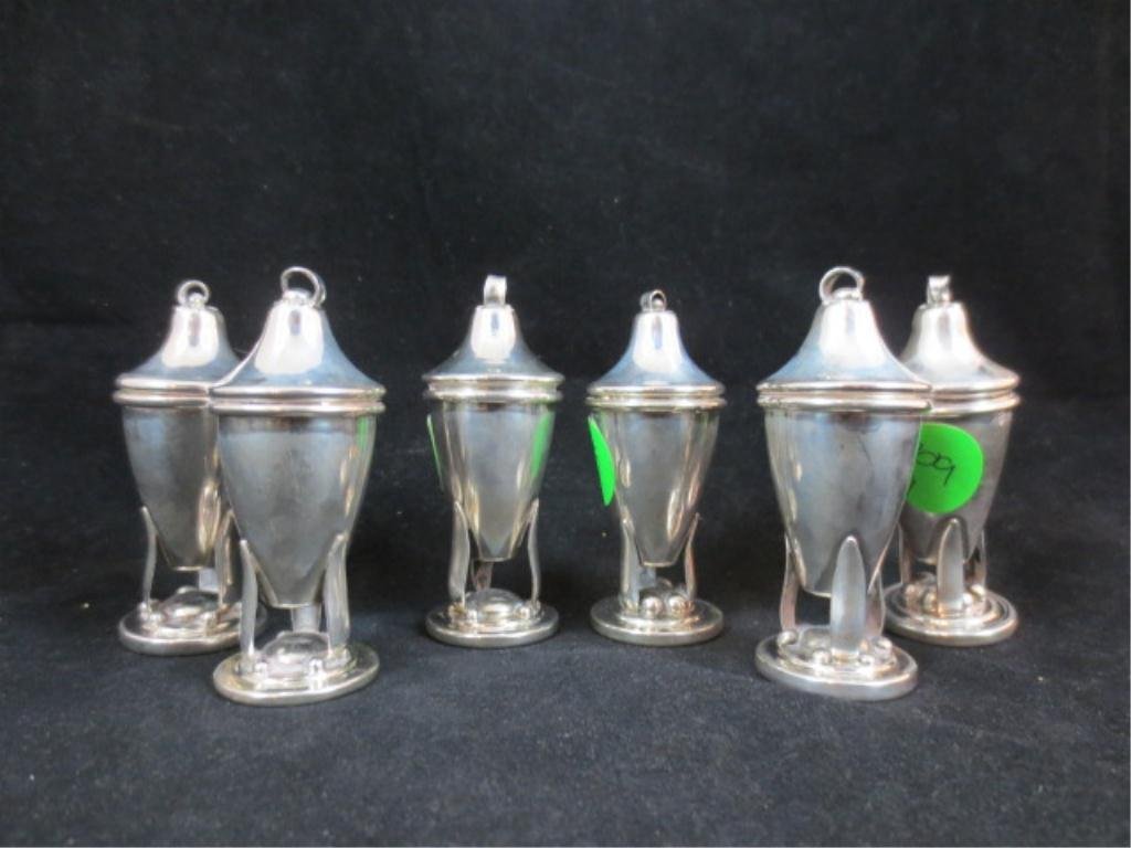 CARL POUL PETERSEN SET OF SIX STERLING SILVER SALT: CARL POUL PETERSEN SET OF SIX STERLING SILVER SALT/PEPPER SHAKERS, APPROX 2.75" HIGH, APPROX 177 GRAMS, MARKED PP STERLING. MASTER CANADIAN SILVERSMITH PETERSEN TRAINED WITH GEORG JENSEN AND MARRIED H