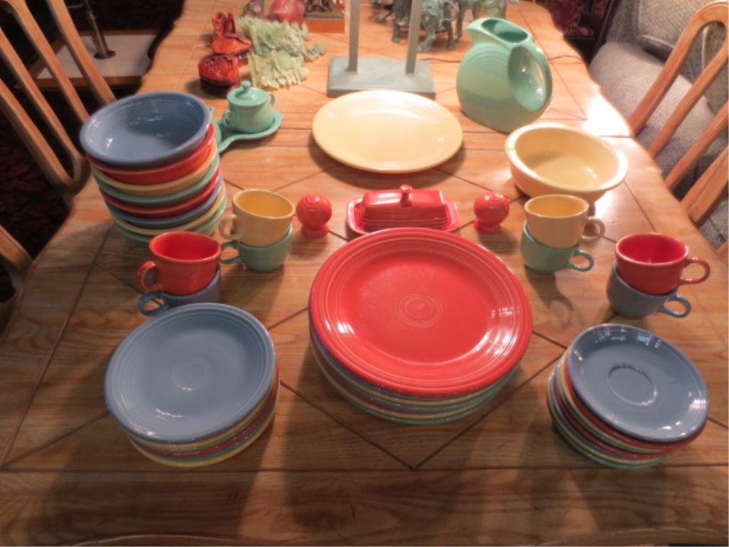 FIESTA DINNER SERVICE FOR EIGHT, 49 PIECES INCLUDE : FIESTA DINNER SERVICE FOR EIGHT, 49 PIECES INCLUDE 8 PLATES, 8 SALAD PLATES, 8 BOWLS, 8 CUPS, 8 SAUCERS, BUTTER WITH LID, SALT & PEPPER, PLATTER, BOWL, PITCHER, CREAMER, SUGAR WITH LID, TRAY