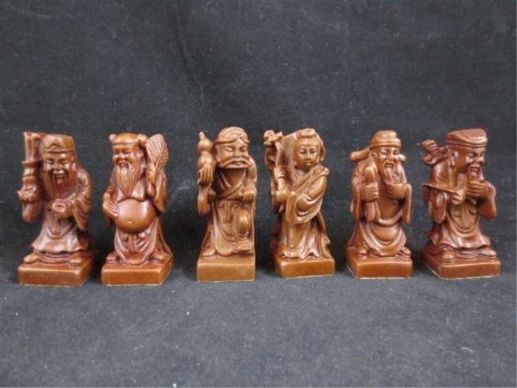 SET OF 6 CARVED BROWN (FUKIEN) STONE FIGURES, APPR: SET OF 6 CARVED BROWN (FUKIEN) STONE FIGURES, APPROX 2 1/2" HIGH