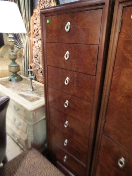 #1 OF TWO AVAILABLE THOMASVILLE 7 DRAWER SEMINAIRE: #1 OF TWO AVAILABLE THOMASVILLE 7 DRAWER SEMINAIRES, "BOGART" COLLECTION, ART DECO STYLE, DARK FINISH, SILVER FINISH HANDLES, MATCHING ARMOIRE AND SECOND SEMINAIRE SOLD SEPARATELY