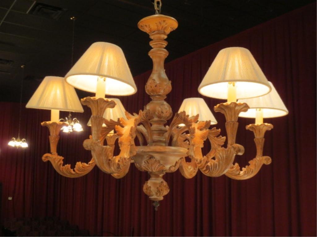 ORNATE CARVED WOOD CHANDELIER WITH SCROLLING LEAF : ORNATE CARVED WOOD CHANDELIER WITH SCROLLING LEAF DESIGNS ON ARMS, 6 LIGHTS, STRING SHADES, APPROX 30" ROUND