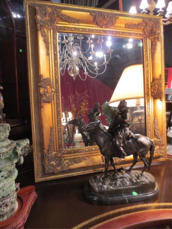ORNATE GOLD FINISH WOOD FRAME MIRROR, BEVELED GLAS: ORNATE GOLD FINISH WOOD FRAME MIRROR, BEVELED GLASS, APPROX 3' X 2'