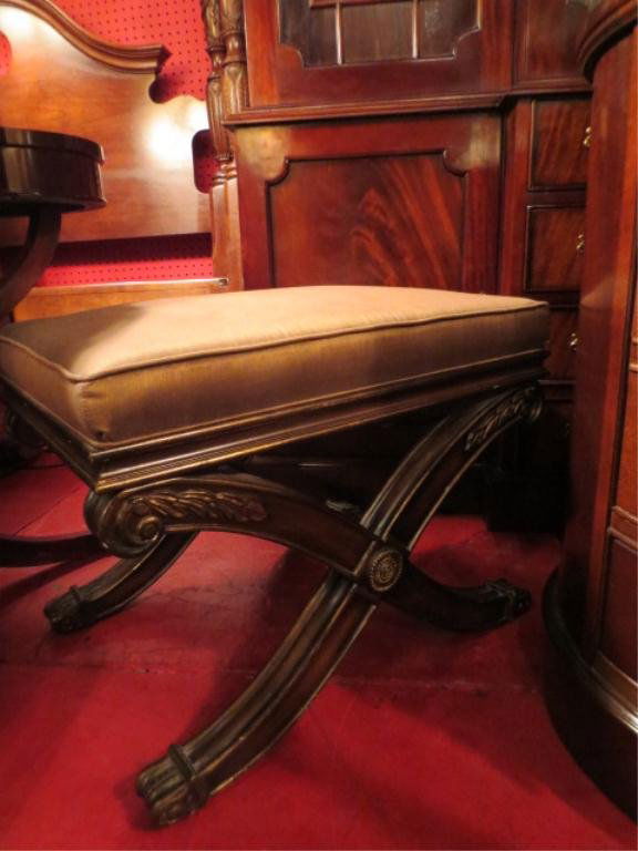 ETHAN ALLEN X BASE STOOL, DARK FINISH WOOD BASE WI: ETHAN ALLEN X BASE STOOL, DARK FINISH WOOD BASE WITH SAGE GREEN UPHOLSTERED SEAT, APPROX 25"L