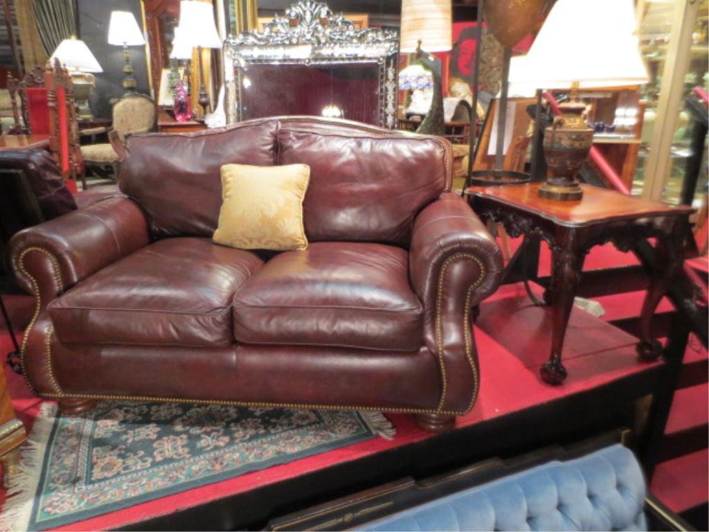 HANCOCK AND MOORE LEATHER LOVESEAT, BROWN LEATHER W: HANCOCK AND MOORE LEATHER LOVESEAT, BROWN LEATHER WITH NAILHEAD TRIM ON ARMS AND BASE, EXCELLENT CONDITON