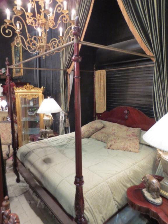 CHIPPENDALE STYLE KING SIZE FOUR POSTER BED, CANOPY: CHIPPENDALE STYLE KING SIZE FOUR POSTER BED, CANOPY TOP WITH METAL RODS, MAHOGANY FINISH, INCLUDES 4 BEADED CANOPY PANELS THAT FIT OVER CANOPY BARS, (MATTRESS AND SLATS NOT INCLUDED
