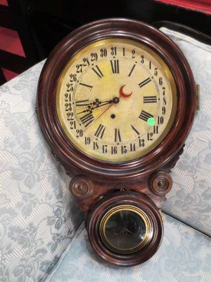 VICTORIAN AMERICAN CALENDAR 8 DAY STANDARD CLOCK BY : VICTORIAN AMERICAN CALENDAR 8 DAY STANDARD CLOCK BY CHARLES F. ADAMS, ERIE PA. HINGE ON PENDULUM DOOR NEEDS REPAIR.