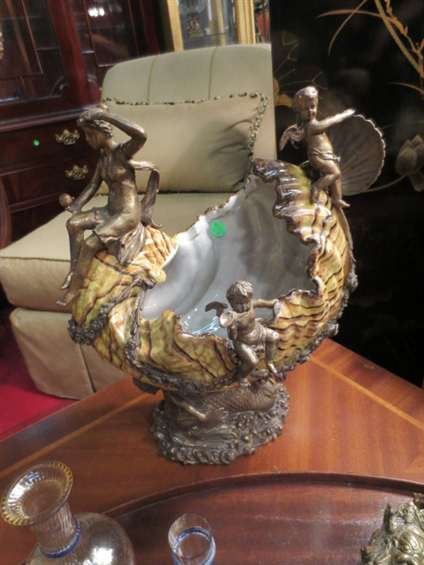 HUGE BRONZE & PORCELAIN CENTERPIECE SHELL BOWL, AP: HUGE BRONZE & PORCELAIN CENTERPIECE SHELL BOWL, APPROX 15.5" HIGH