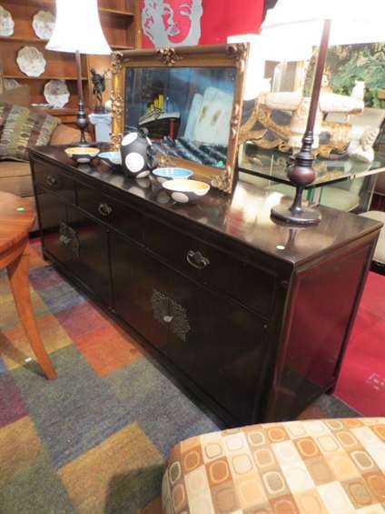 CENTURY FURNITURE CONSOLE, 3 DRAWERS OVER 2 LOWER : CENTURY FURNITURE CONSOLE, 3 DRAWERS OVER 2 LOWER CABINETS, DARK WOOD FINISH WITH ORNATE HARWARE AND MEDALLIONS, APPROX 7' L