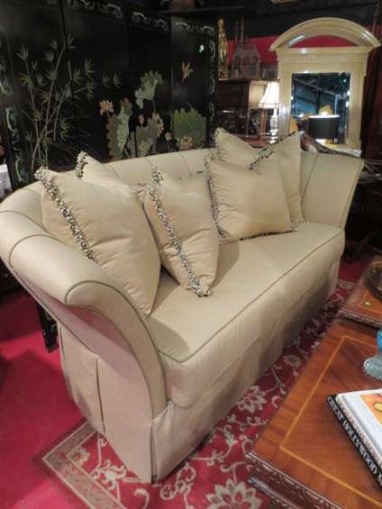IMMACULATE DESIGNER JUDITH NORMAN SHELLBACK SOFA, : IMMACULATE DESIGNER JUDITH NORMAN SHELLBACK SOFA, PALE GOLD UPHOLSTERY, DOWN FILLED CUSHIONS, SKIRTED BASE, 4 THROW PILLOWS, LIKE NEW CONDITION WITH NO WEAR, STAINS, OR TEARS, MATCHING SLIPPER CHAIR S