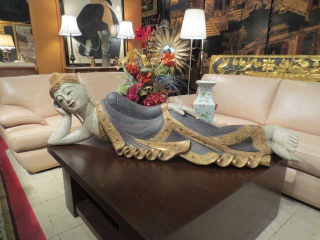 HUGE HAND CARVED WOOD RECLINING BUDDHA SCULPTURE, : HUGE HAND CARVED WOOD RECLINING BUDDHA SCULPTURE, PAINTED & ACCENTED WITH JEWEL COLOR MIRROR TILES, APPROX 60" LONG, 19" HIGH & 13" DEEP