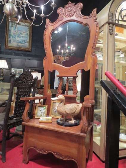 CARVED WOOD HALL TREE WITH MIRROR, BENCH, AND UNDE: CARVED WOOD HALL TREE WITH MIRROR, BENCH, AND UNDERBENCH STORAGE, APPROX 6'H