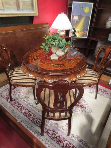 FRENCH LOUIS XV STYLE TABLE, 4 LEGGED PEDESTAL BAS: FRENCH LOUIS XV STYLE TABLE, 4 LEGGED PEDESTAL BASE, GILT BRONZE ORMOLU AND GARLAND SWAGS, APPROX 52" ROUND