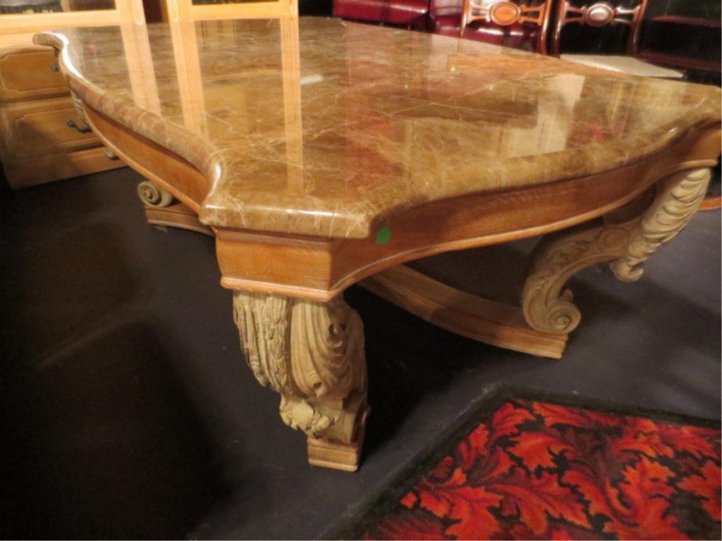 HENREDON MARBLE TOP COFFEE TABLE, CARVED WOOD BASE : HENREDON MARBLE TOP COFFEE TABLE, CARVED WOOD BASE WITH SCROLLING LEAF DESIGN, CREAM AND TAN MARBLE TOP, APPROX 5'L