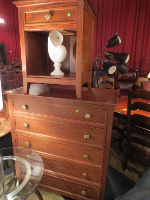 TALL CHEST AND NIGHTSTAND, CRYSANTHEMUM STYLE HANDLE: TALL CHEST AND NIGHTSTAND, CRYSANTHEMUM STYLE HANDLES, MEDIUM FINISH, EXCELLENT CONDITION
