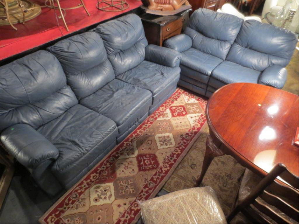 2 PC SLATE BLUE LEATHER SOFA AND LOVESEAT, EACH HAV: 2 PC SLATE BLUE LEATHER SOFA AND LOVESEAT, EACH HAVE DUAL RECLINERS, VERY GOOD CONDITION, NO STAINS, RIPS, OR WEAR
