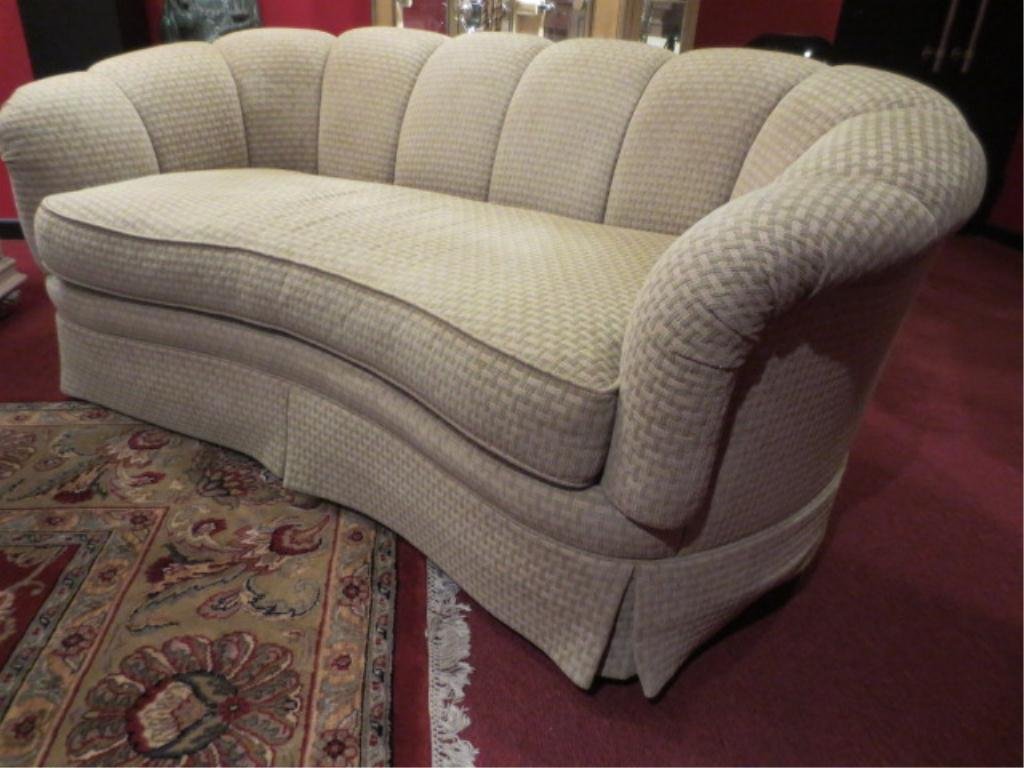 #1 OF TWO AVAILABLE DCOTA DESIGNER SOFAS BY SHERRIL: #1 OF TWO AVAILABLE DCOTA DESIGNER SOFAS BY SHERRILL, NEW NEVER USED, PALE SAGE GREEN UPHOLSTERY, CHANNEL BACK WITH SKIRTED BASE, IMMACULATE CONDITION, EACH SOFA SOLD SEPARATELY