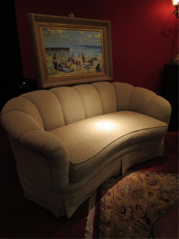 #2 OF TWO AVAILABLE DCOTA DESIGNER SOFAS BY SHERRIL: #2 OF TWO AVAILABLE DCOTA DESIGNER SOFAS BY SHERRILL, NEW NEVER USED, PALE SAGE GREEN UPHOLSTERY, CHANNEL BACK WITH SKIRTED BASE, IMMACULATE CONDITION, EACH SOFA SOLD SEPARATELY